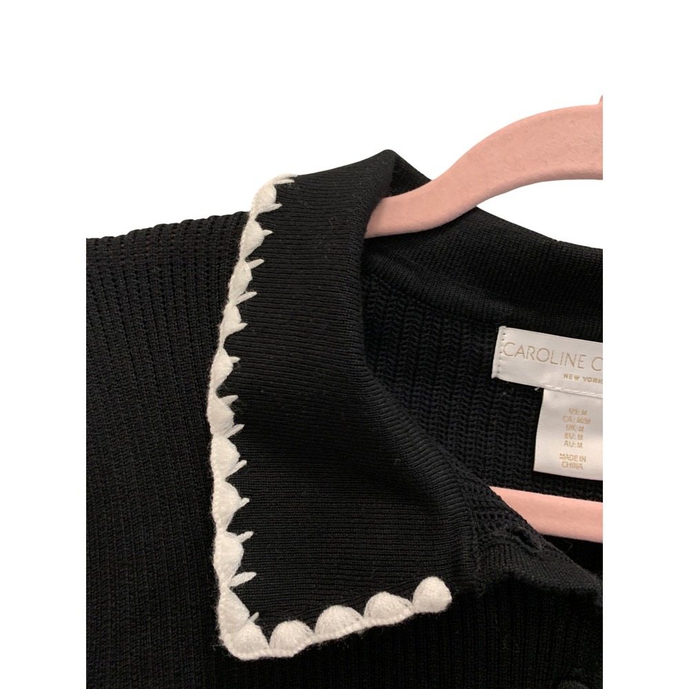 Caroline Constas Womens M Black Short Sleeve Knit Polo White Crochet Trim Top - Picture 4 of 8
